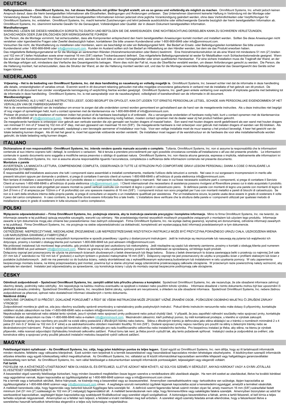 Polski, Česky, Magyar | Deutsch, Nederlands, Italiano | Omnimount OMTBK (Solid Wall) ru User Manual | Page 3 / 24