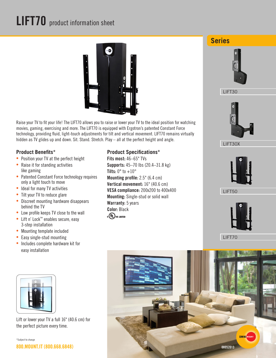 Omnimount LIFT70 Sales Sheet User Manual | 2 pages