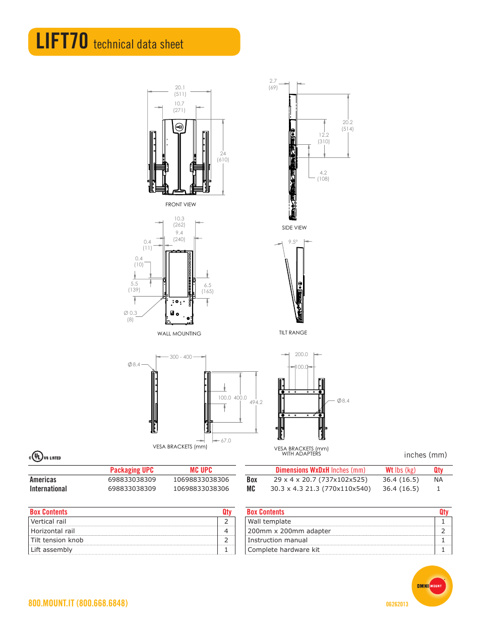 Lift70, Technical data sheet | Omnimount LIFT70 Sales Sheet User Manual | Page 2 / 2