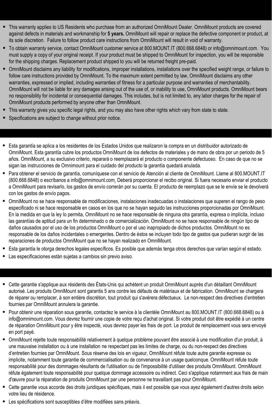 Omnimount product warranty | Omnimount QM200-F Manual ru User Manual | Page 18 / 20