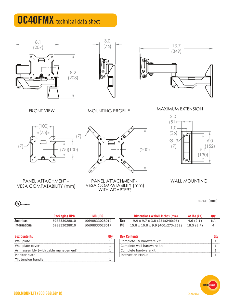 Oc40fmx, Technical data sheet | Omnimount OC40FMX Sales Sheet User Manual | Page 2 / 2