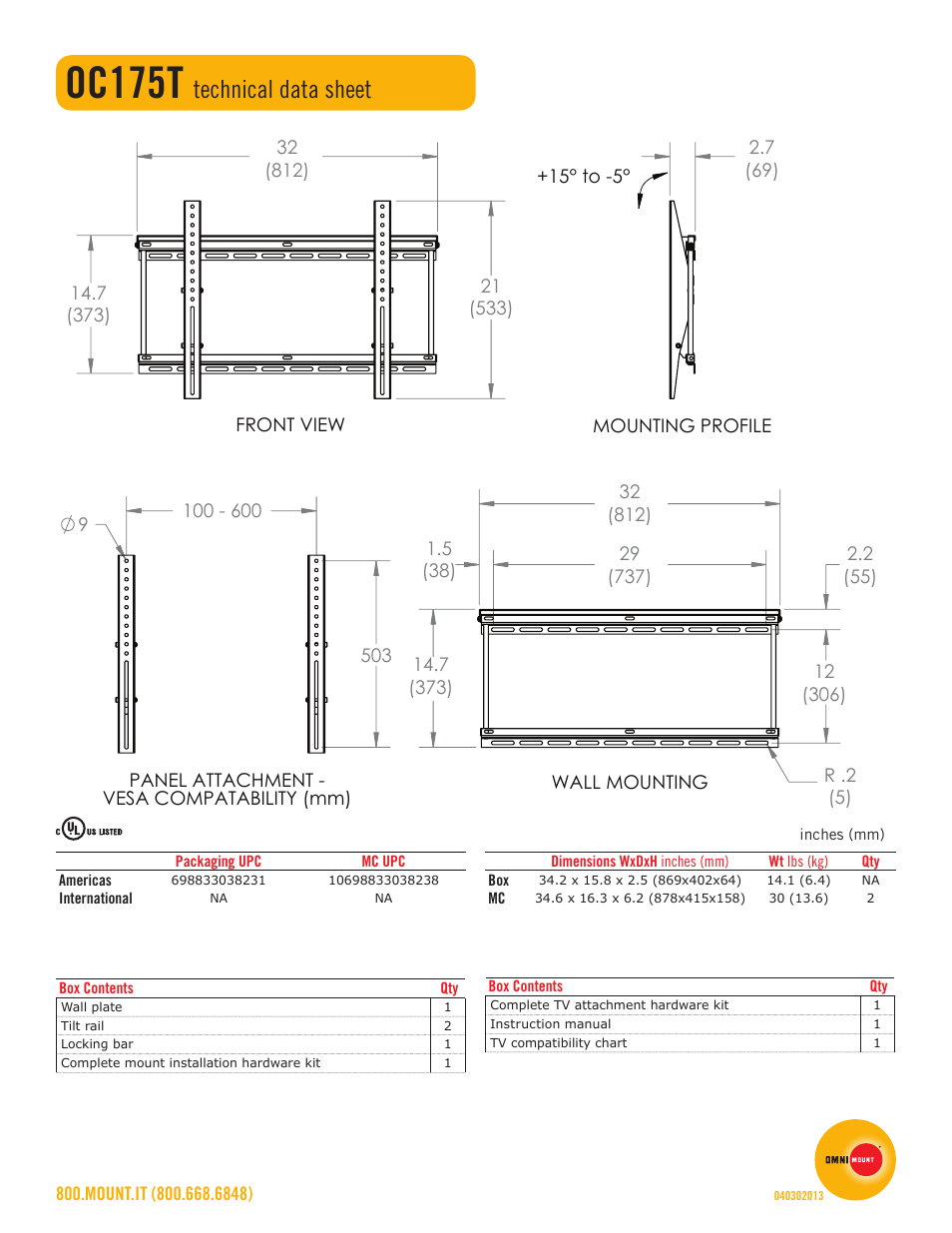 Oc175t, Technical data sheet | Omnimount OC175T Sales Sheet User Manual | Page 2 / 2