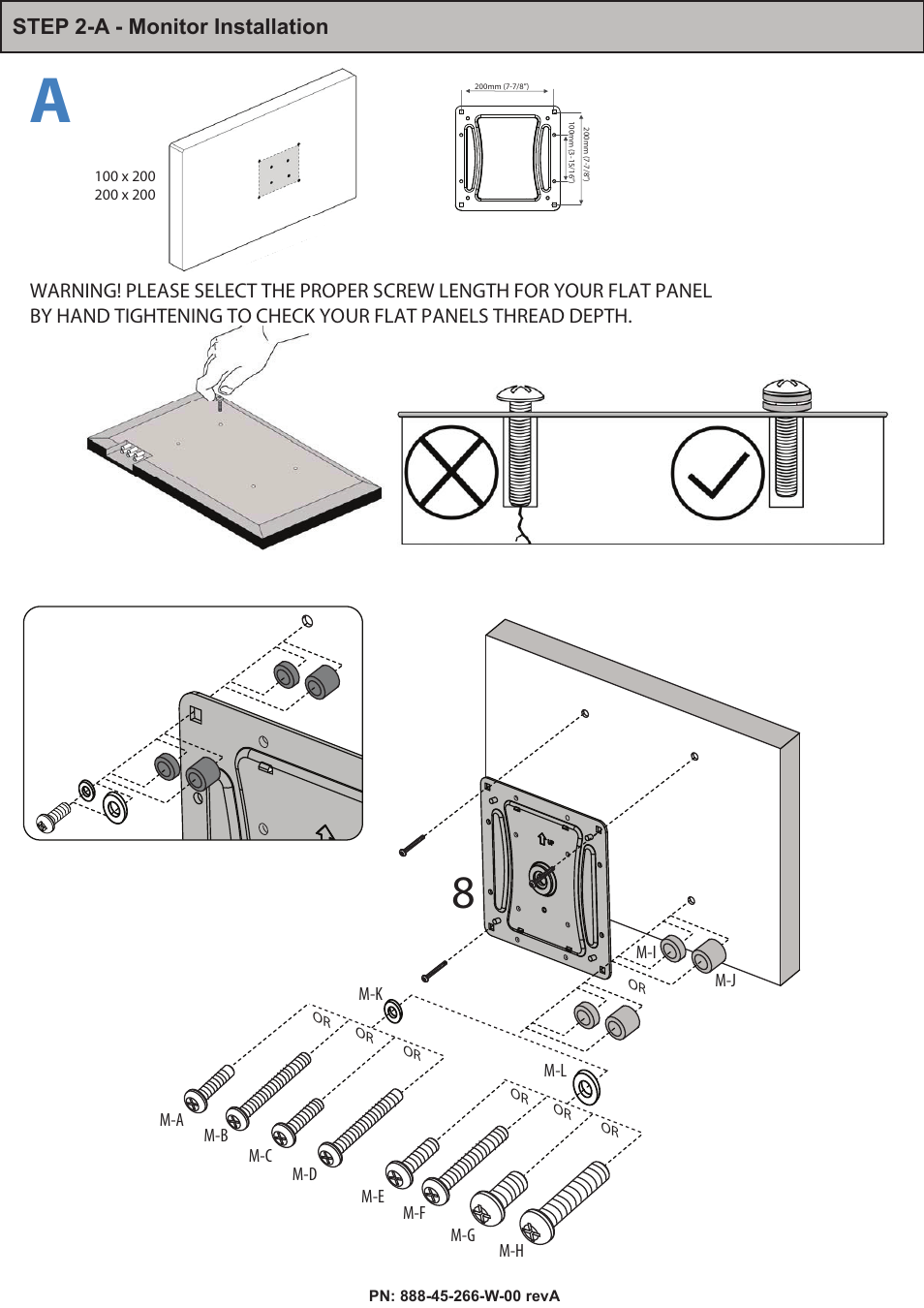 Vesa mounting options (mm), Step 2-a - monitor installation, M-a m-b m-c m-d m-e m-f m-g m-h m-k m-l m-i m-j | Bc d | Omnimount PLAY40DS Manual ru User Manual | Page 11 / 28
