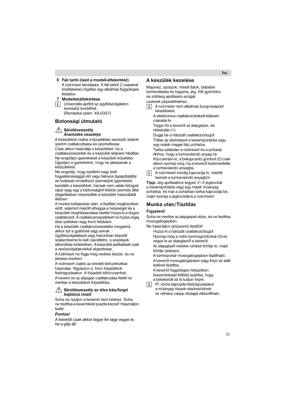 6 fali tartó (lásd a moden-áttekintést), 7 modemekáttekintése, Biztonsági útmutató | A készülék kezelése, Tipp, Munka után/tisztítás figyelem | Siemens MQ 5 N 105 User Manual | Page 35 / 51