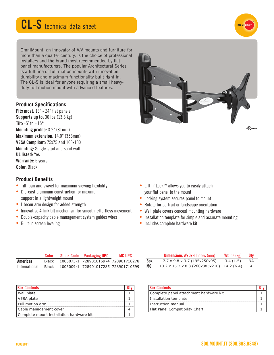 Cl-s, Technical data sheet | Omnimount CL-S Sales Sheet User Manual | Page 2 / 3