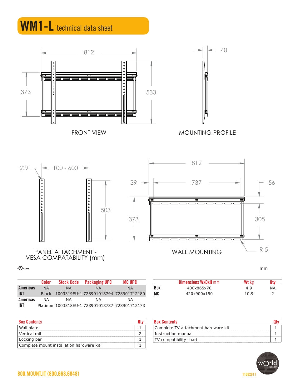 Wm1-l, Technical data sheet | Omnimount WM1-L Sales Sheet User Manual | Page 2 / 2