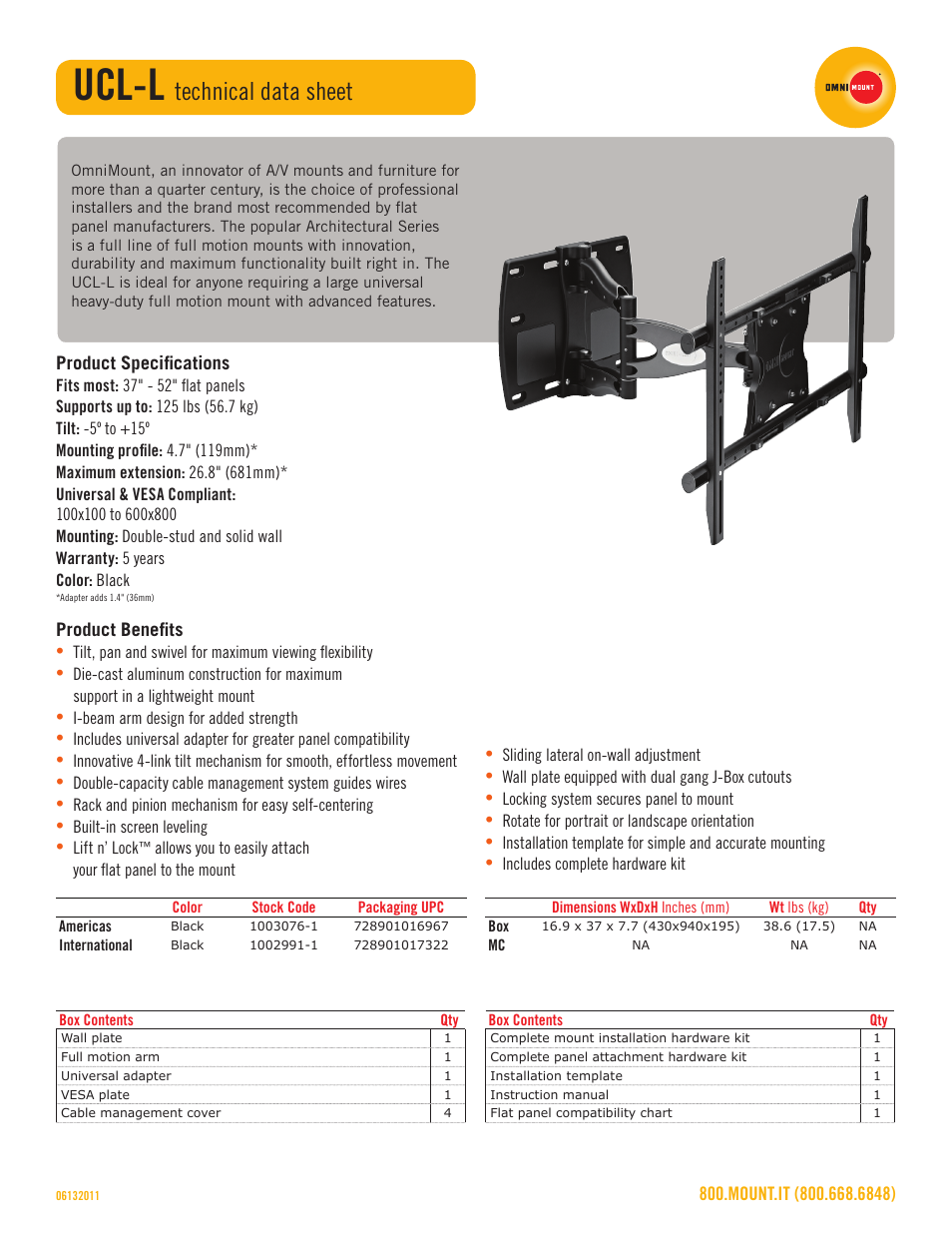 Ucl-l, Technical data sheet | Omnimount UCL-L Sales Sheet User Manual | Page 2 / 3