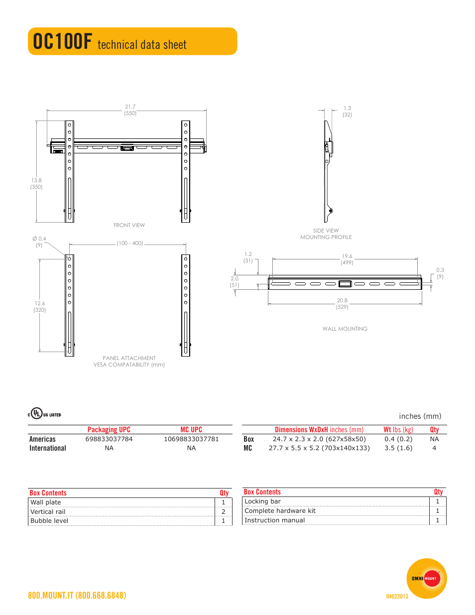 Oc100f, Technical data sheet | Omnimount OC100F Sales Sheet User Manual | Page 2 / 2