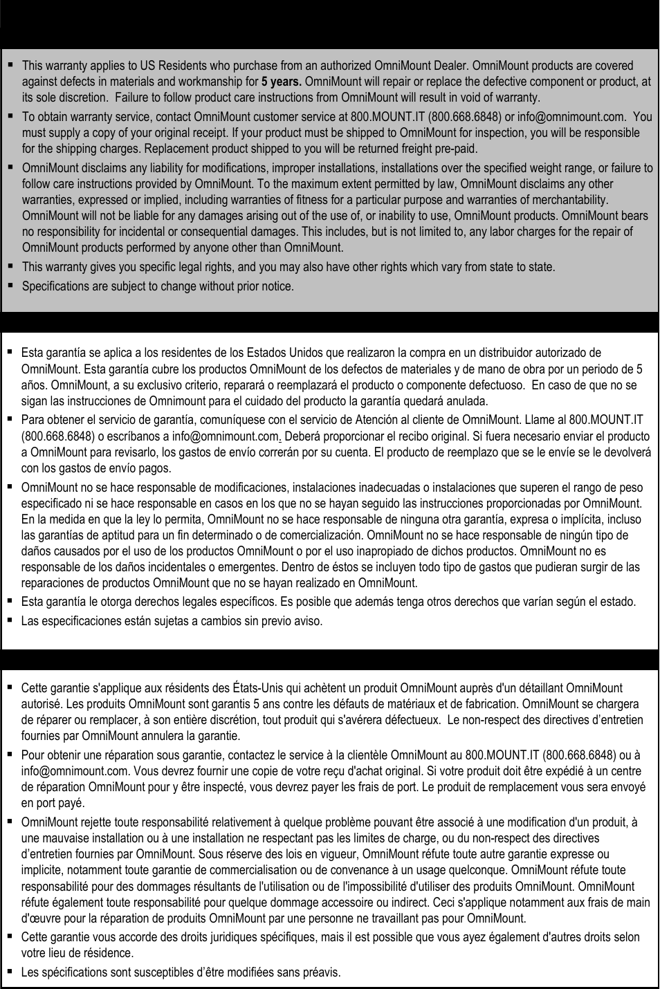 Omnimount product warranty | Omnimount WM2-M Manual ru User Manual | Page 26 / 28
