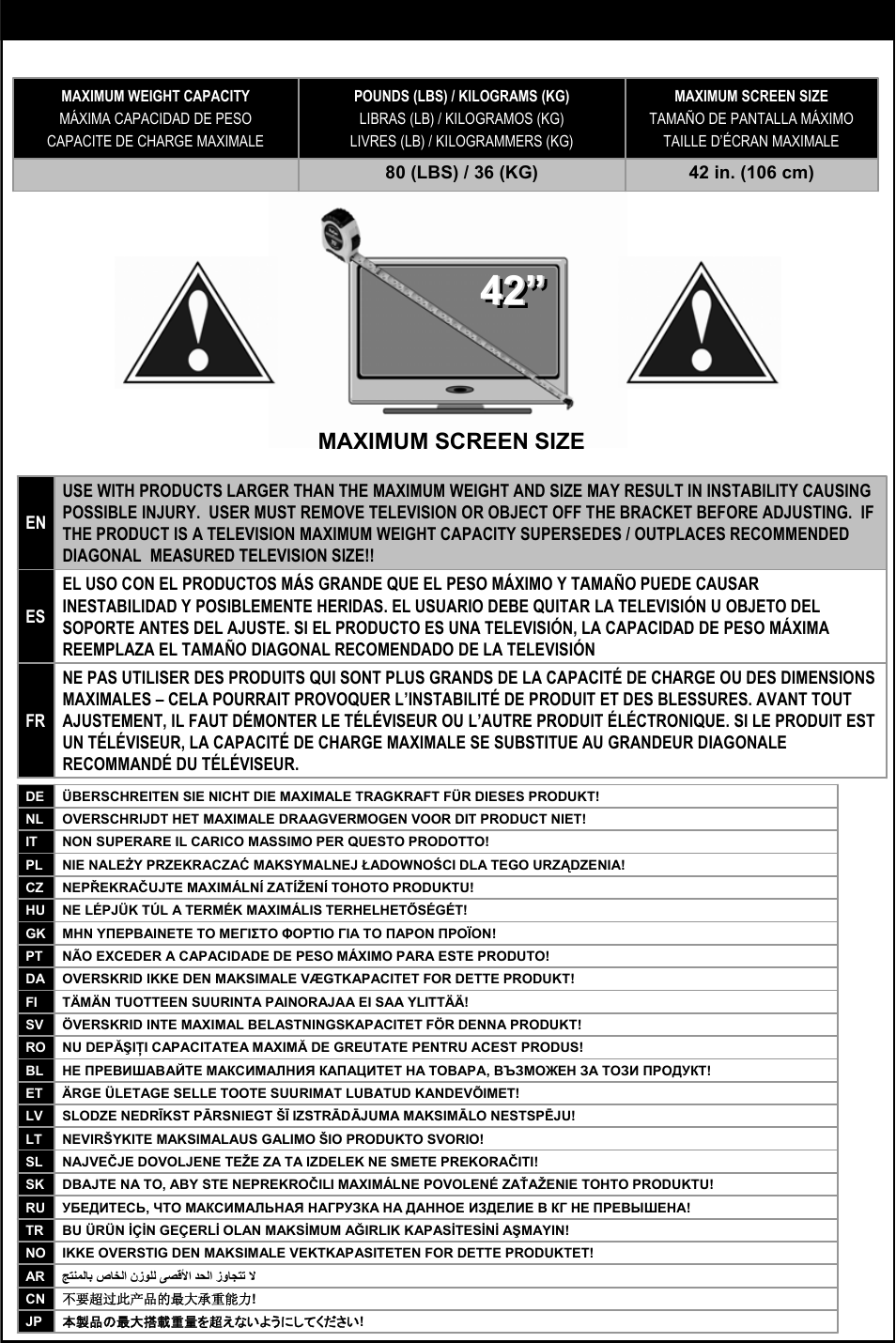 Caution, Weight capacity, Maximum screen size | Omnimount WM2-M Manual ru User Manual | Page 7 / 28