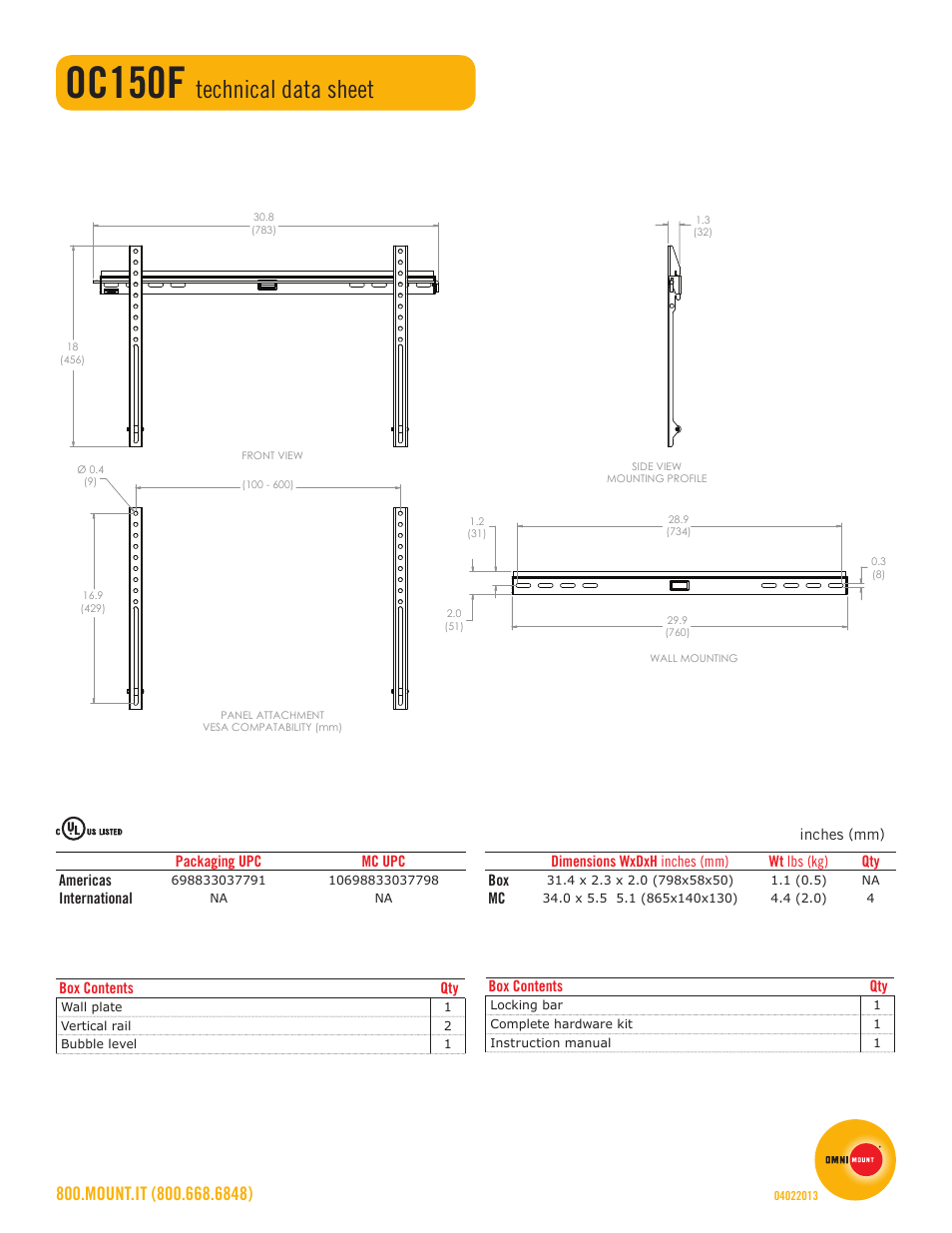 Oc150f, Technical data sheet | Omnimount OC150F Sales Sheet User Manual | Page 2 / 2