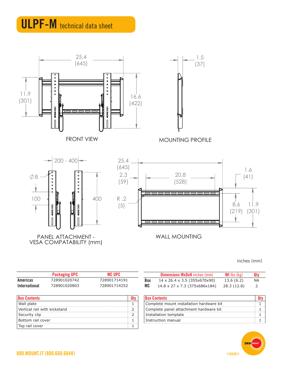 Ulpf-m, Technical data sheet | Omnimount ULPF-M Sales Sheet User Manual | Page 2 / 2