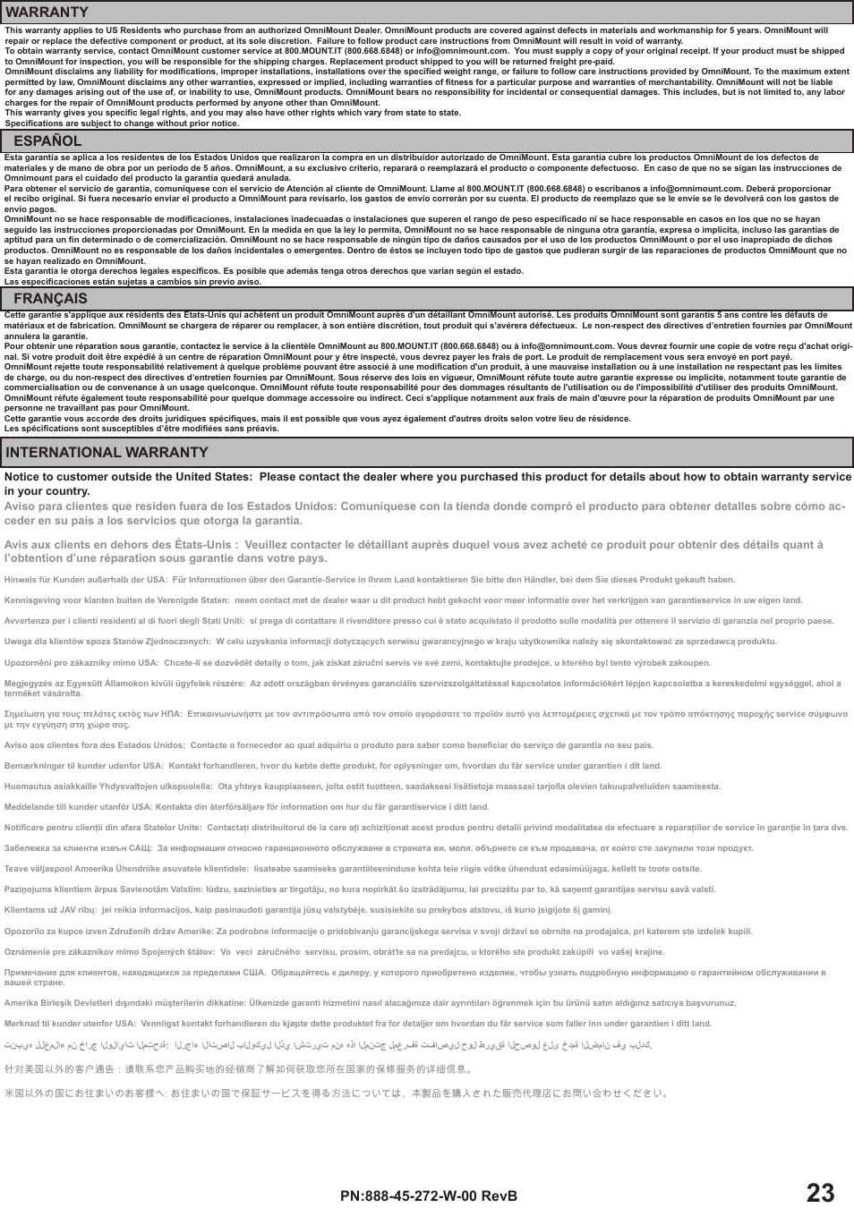 Warranty, Español français, International warranty | Omnimount OS60FM Manual ru User Manual | Page 23 / 24