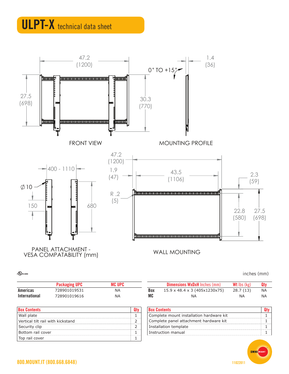 Ulpt-x, Technical data sheet | Omnimount ULPT-X Sales Sheet User Manual | Page 2 / 2