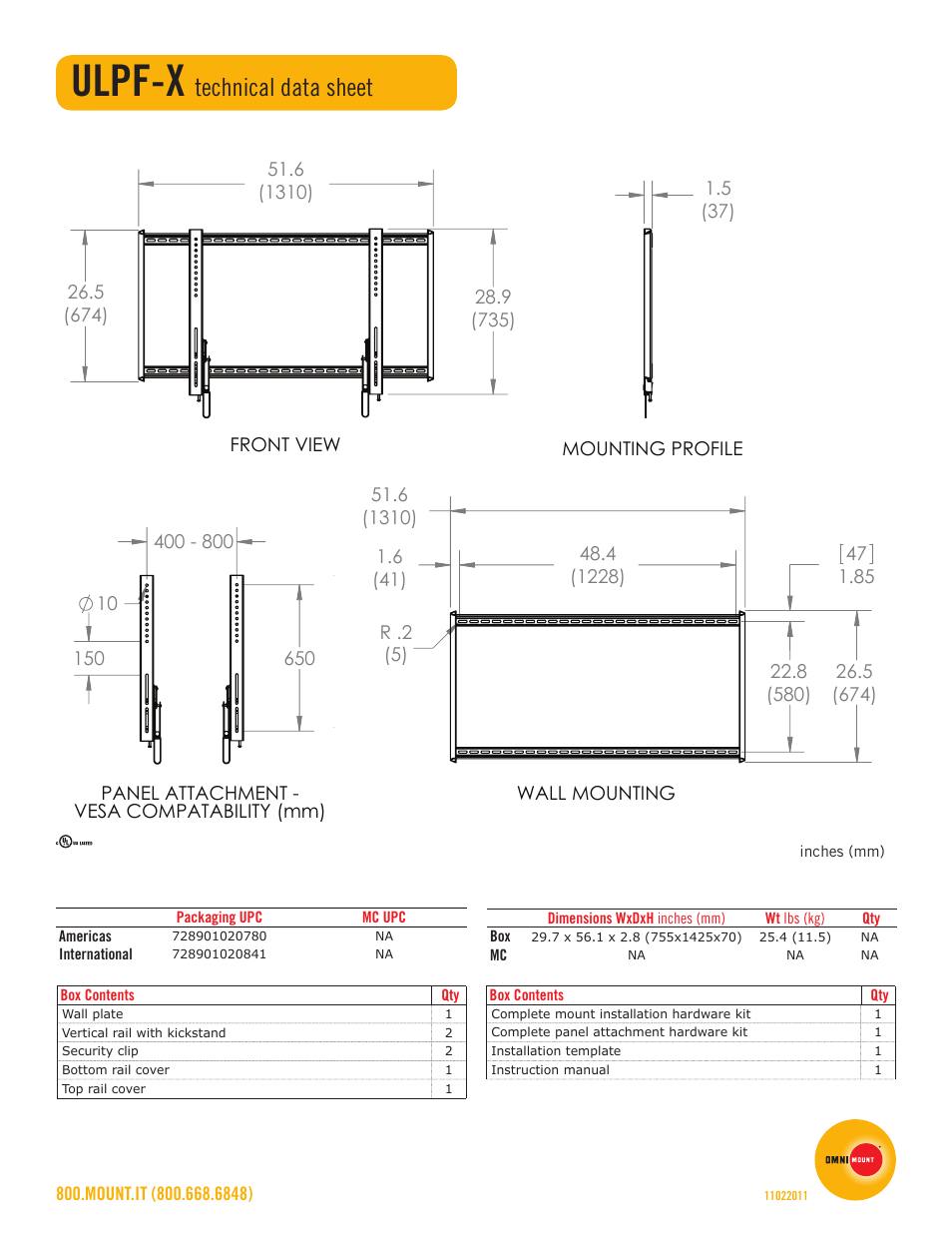 Ulpf-x, Technical data sheet | Omnimount ULPF-X Sales Sheet User Manual | Page 2 / 2