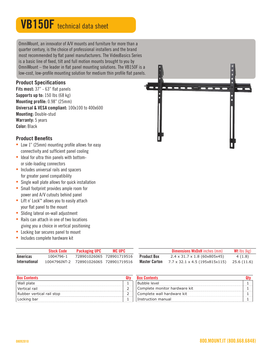 Vb150f, Technical data sheet | Omnimount VB150F Sales Sheet User Manual | Page 2 / 3