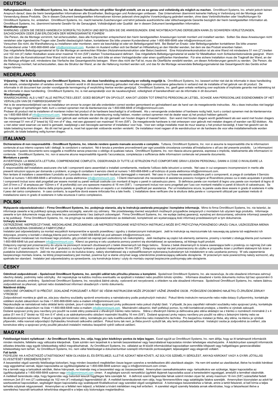 P3 polski, Česky, Magyar | Deutsch, Nederlands, Italiano | Omnimount 4N1-S Manual ru User Manual | Page 3 / 20