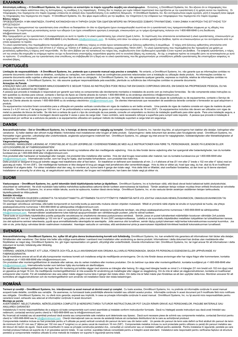 P4 suomi, Svenska, Română | Ελληνικά, Português, Dansk | Omnimount 4N1-S Manual ru User Manual | Page 4 / 20
