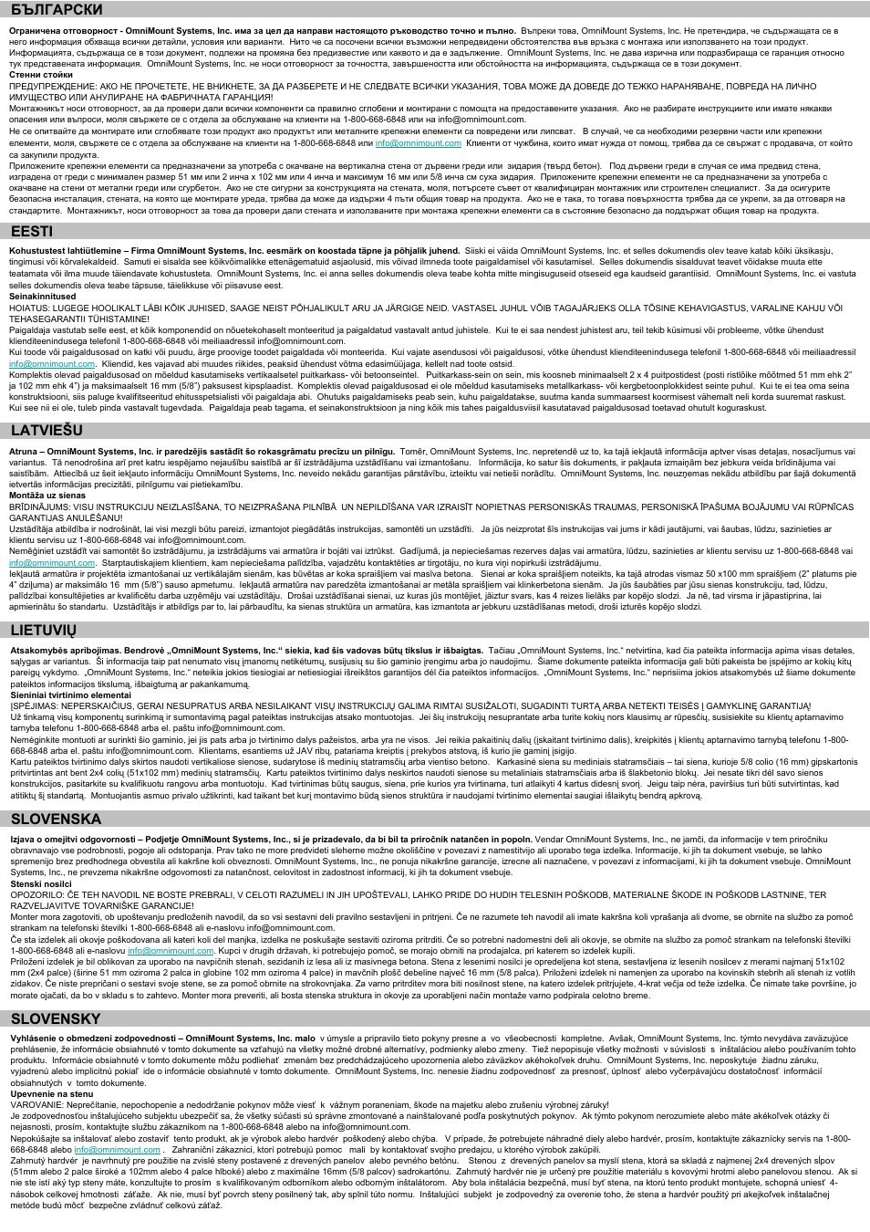 P5 lietuvių, Slovenska, Slovensky | Български, Eesti, Latviešu | Omnimount 4N1-S Manual ru User Manual | Page 5 / 20