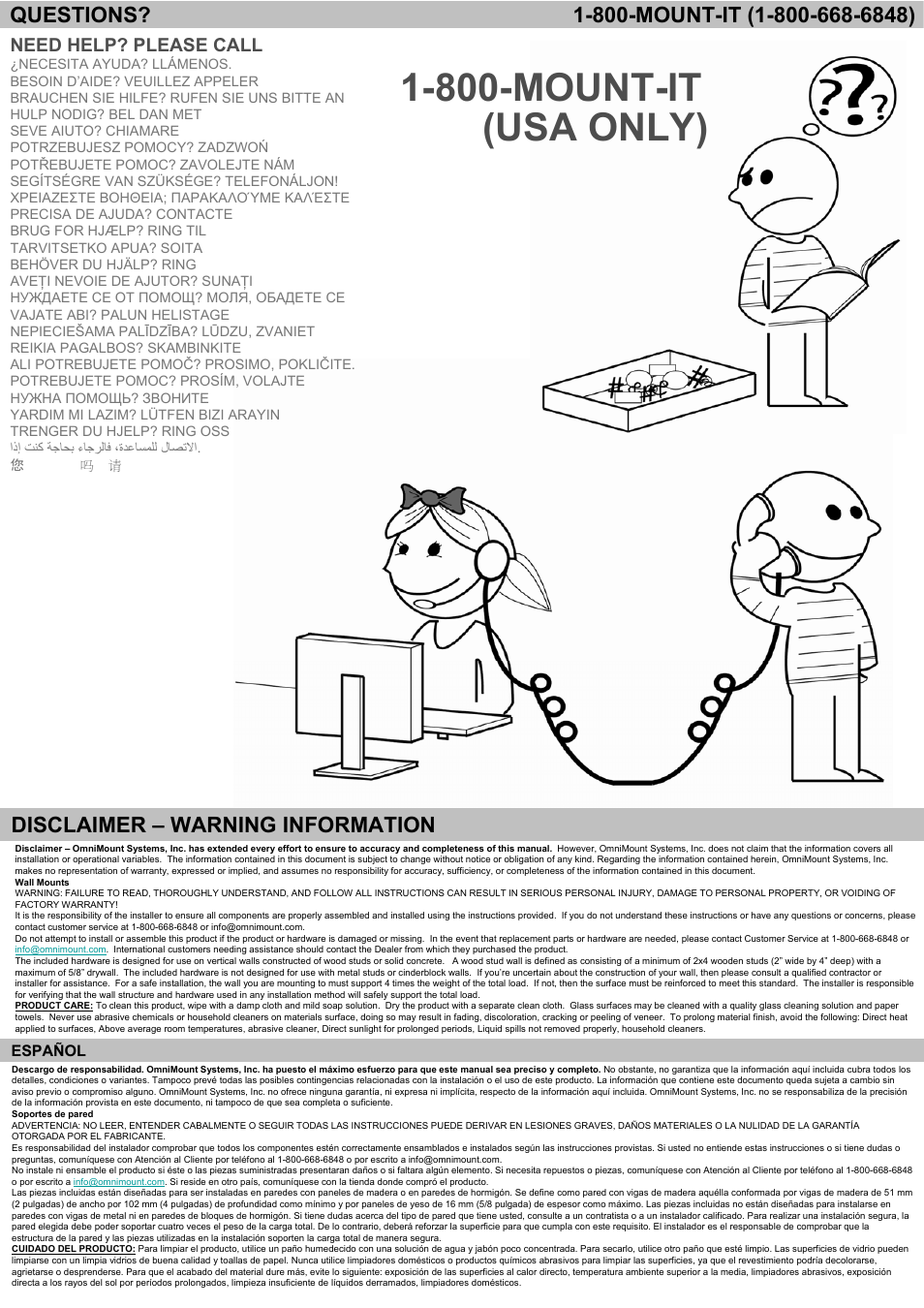 800-mount-it (usa only), Disclaimer – warning information | Omnimount BLADE1 Manual ru User Manual | Page 2 / 32