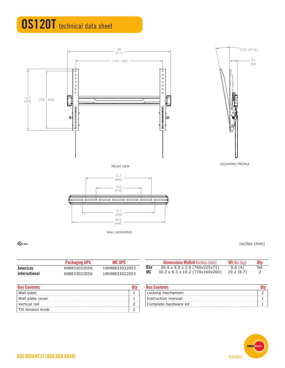 Os120t, Technical data sheet | Omnimount OS120T Sales Sheet User Manual | Page 2 / 2