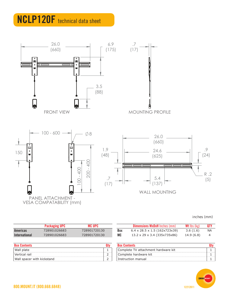 Nclp120f, Technical data sheet | Omnimount NCLP120F Sales Sheet User Manual | Page 2 / 2