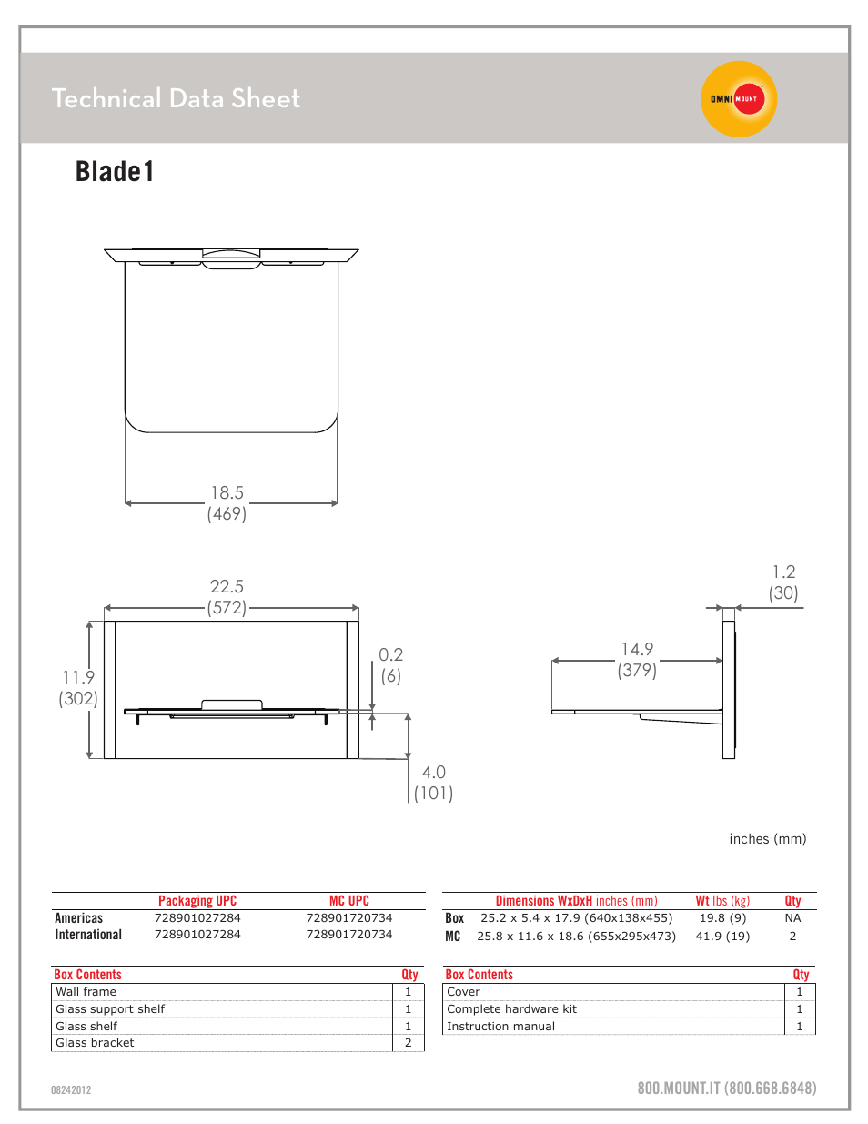 Technical data sheet, Blade1 | Omnimount BLADE1 Sales Sheet User Manual | Page 2 / 2