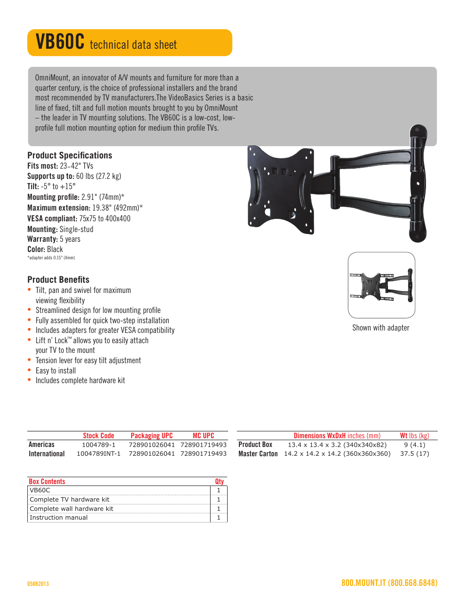 Vb60c, Technical data sheet | Omnimount VB60C Sales Sheet User Manual | Page 2 / 3