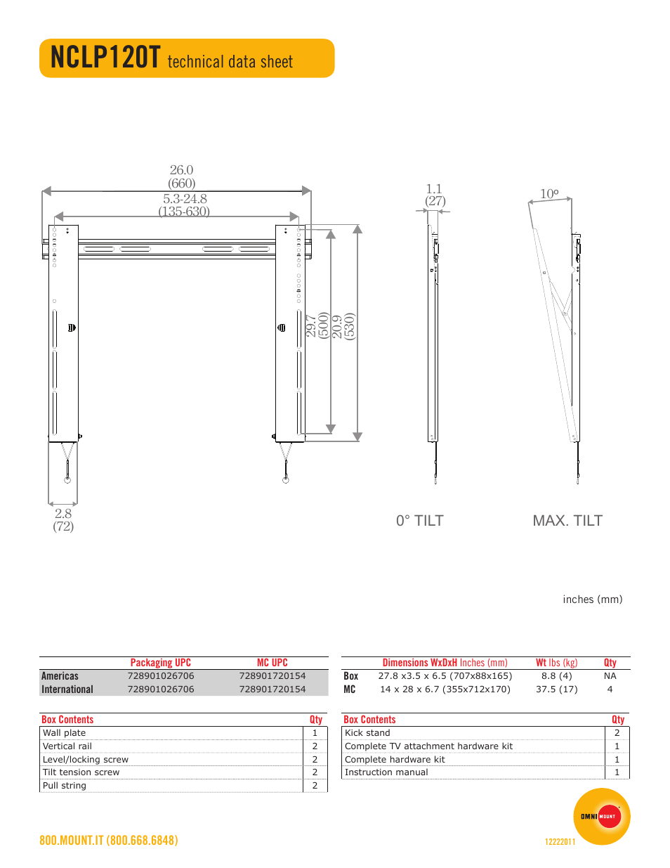 Nclp120t, Technical data sheet, 0° tilt max. tilt | Omnimount NCLP120T Sales Sheet User Manual | Page 2 / 2