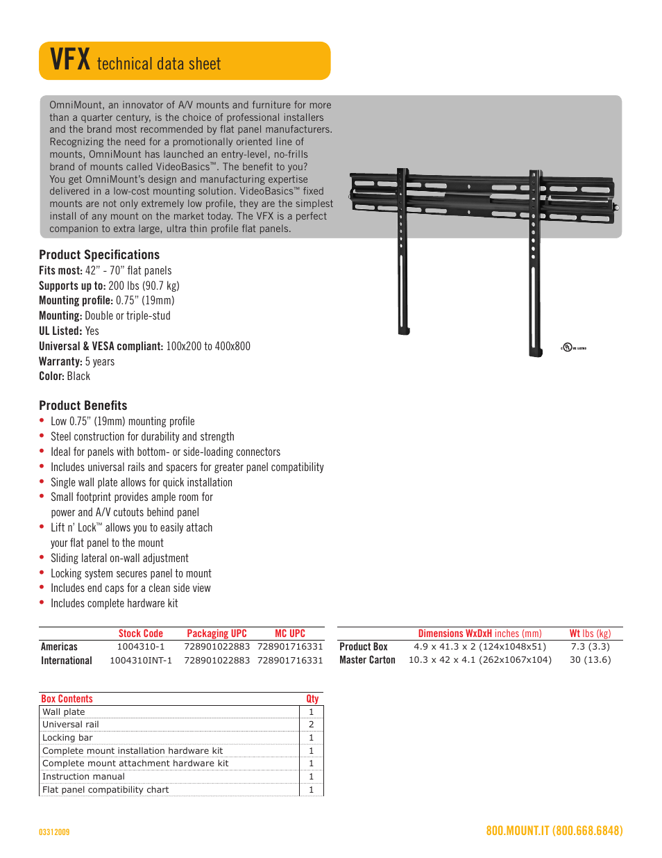 Vfx_technical_data_sheet, Technical data sheet | Omnimount VFX Sales Sheet User Manual | Page 2 / 3