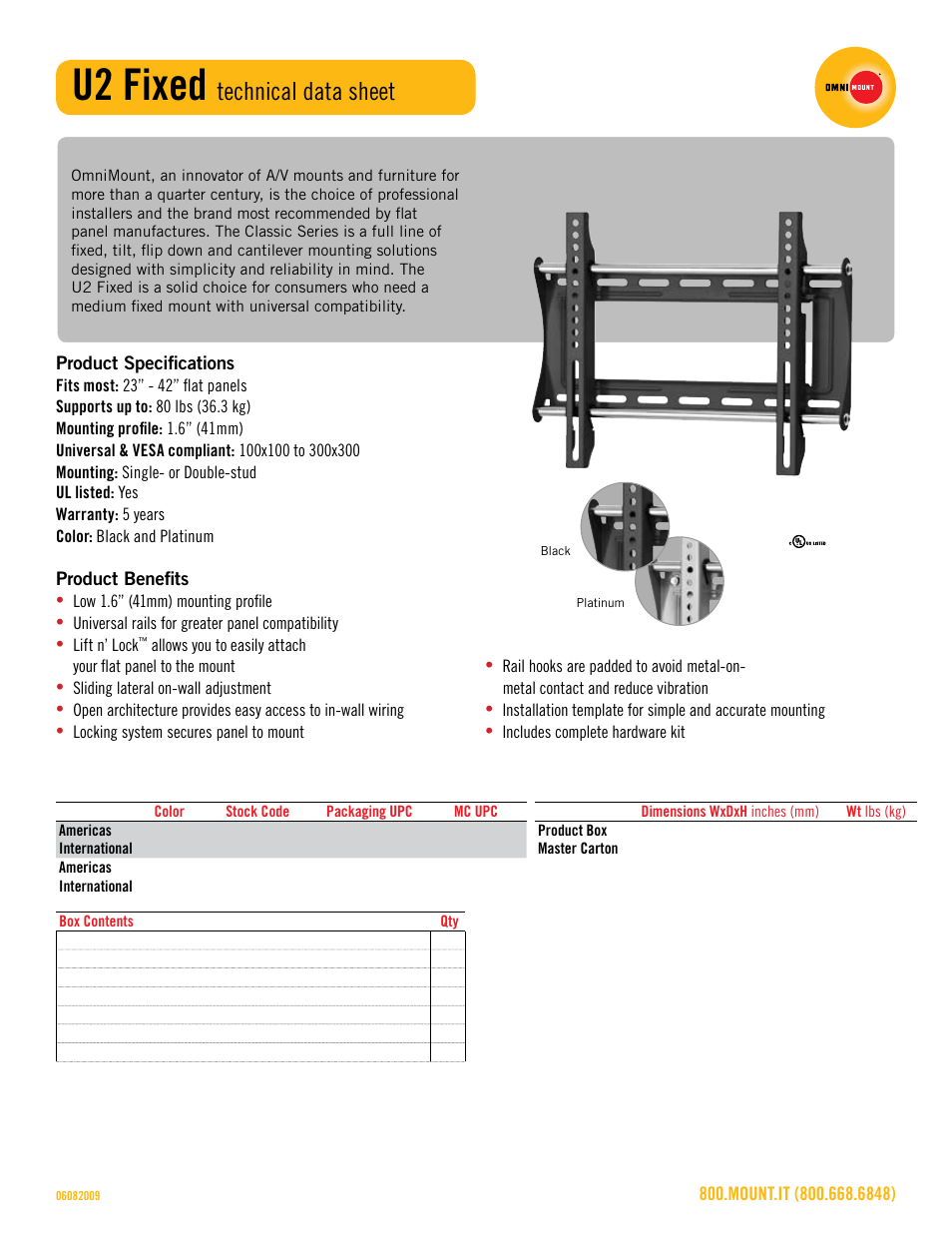 U2_fixed_technical_data_sheet.pdf, U2 fixed, Technical data sheet | Omnimount U2 Fixed Sales Sheet User Manual | Page 2 / 3