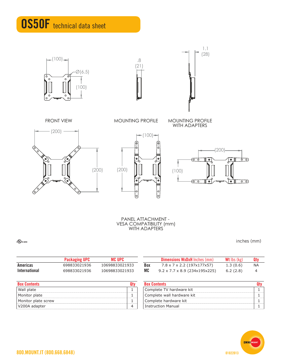 Os50f, Technical data sheet | Omnimount OS50F Sales Sheet User Manual | Page 2 / 2