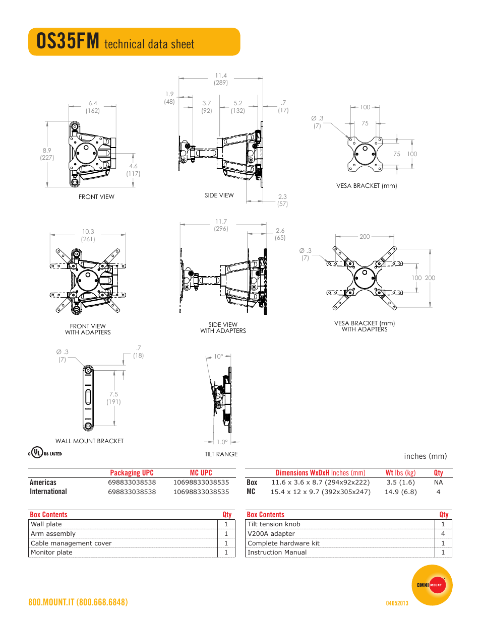 Os35fm, Technical data sheet | Omnimount OS35FM Sales Sheet User Manual | Page 2 / 2