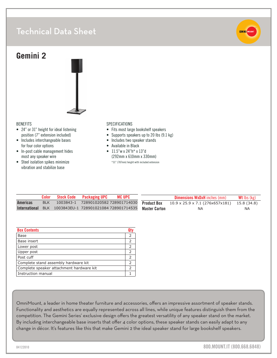 Gemini_2_technical_data_sheet, Technical data sheet, Gemini 2 | Omnimount Gemini 2 Sales Sheet User Manual | Page 2 / 3