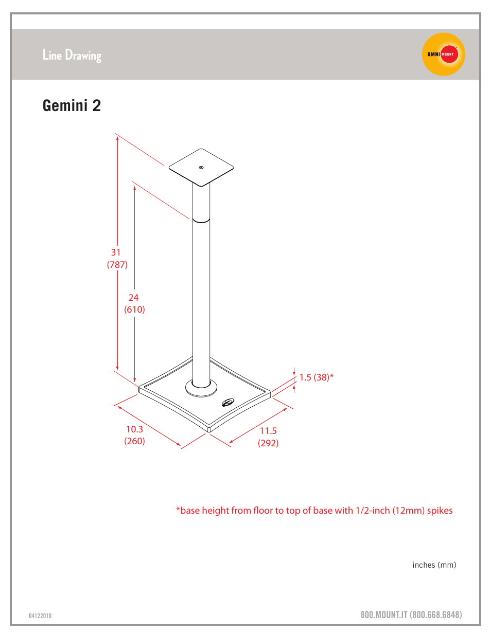 Gemini_2_line_drawing_sheet, Line drawing, Gemini 2 | Omnimount Gemini 2 Sales Sheet User Manual | Page 3 / 3