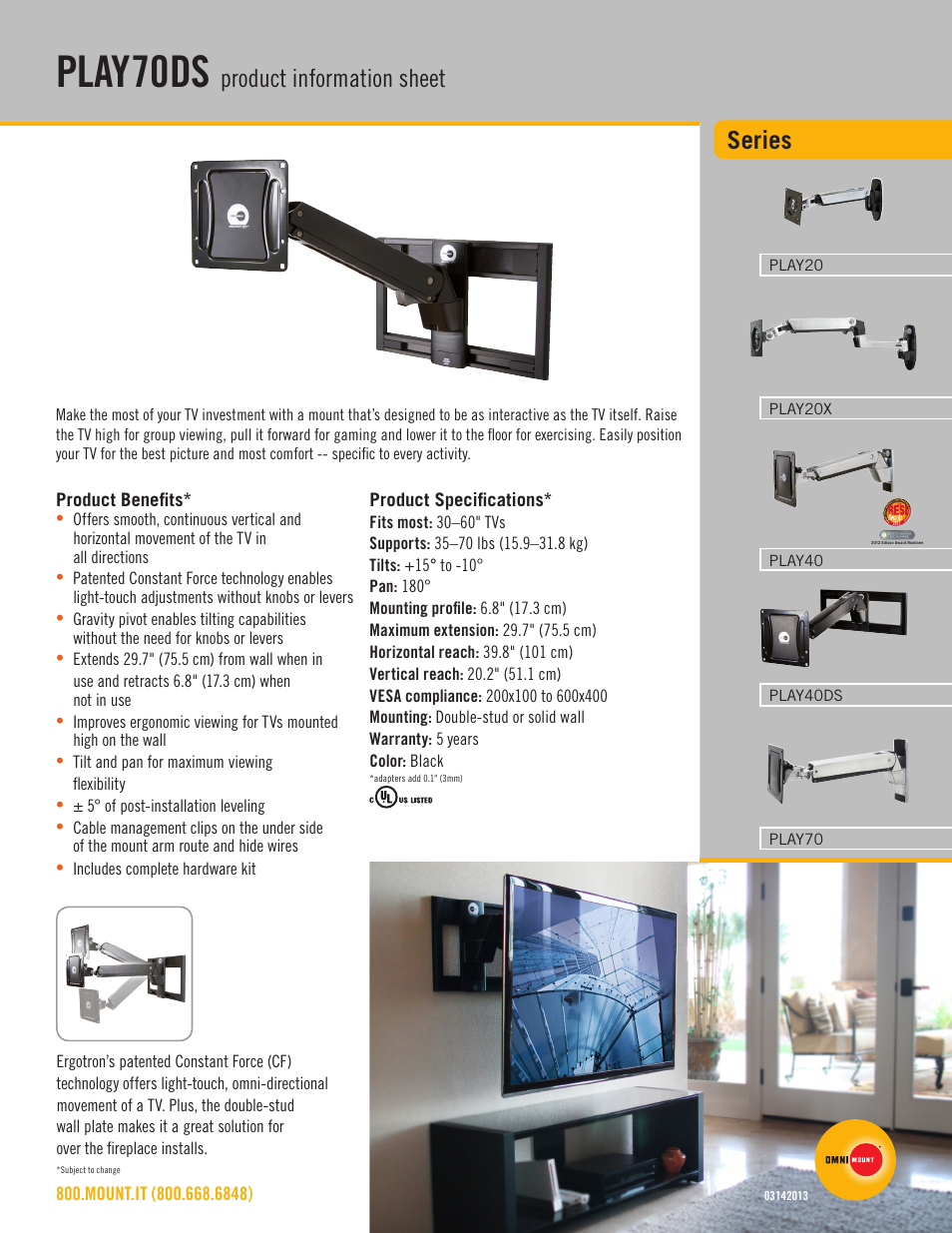 Omnimount PLAY70DS Sales Sheet User Manual | 2 pages