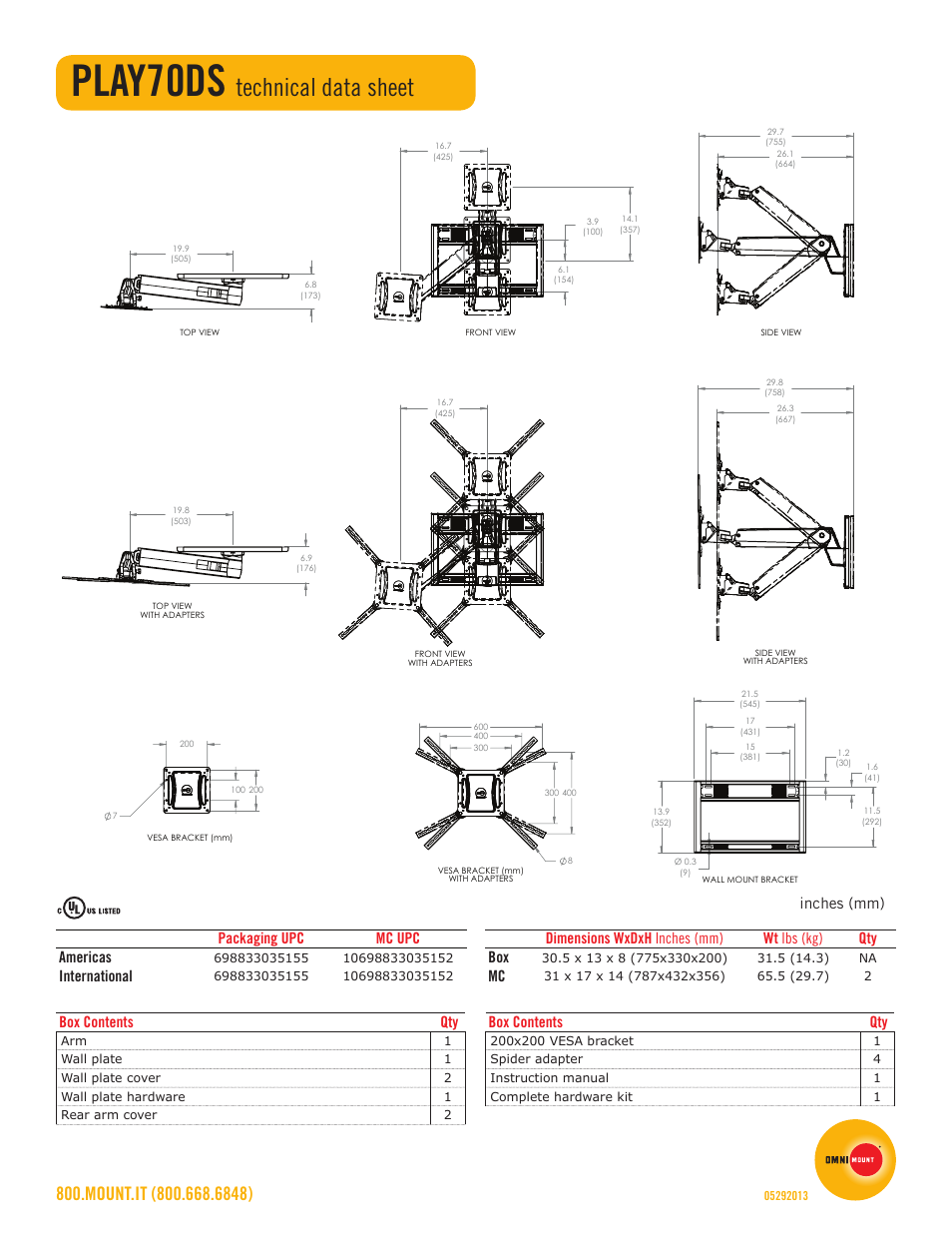 Play70ds, Technical data sheet, Inches (mm) | Packaging upc mc upc americas, International, Box contents qty, Dimensions wxdxh inches (mm) wt lbs (kg) qty box | Omnimount PLAY70DS Sales Sheet User Manual | Page 2 / 2