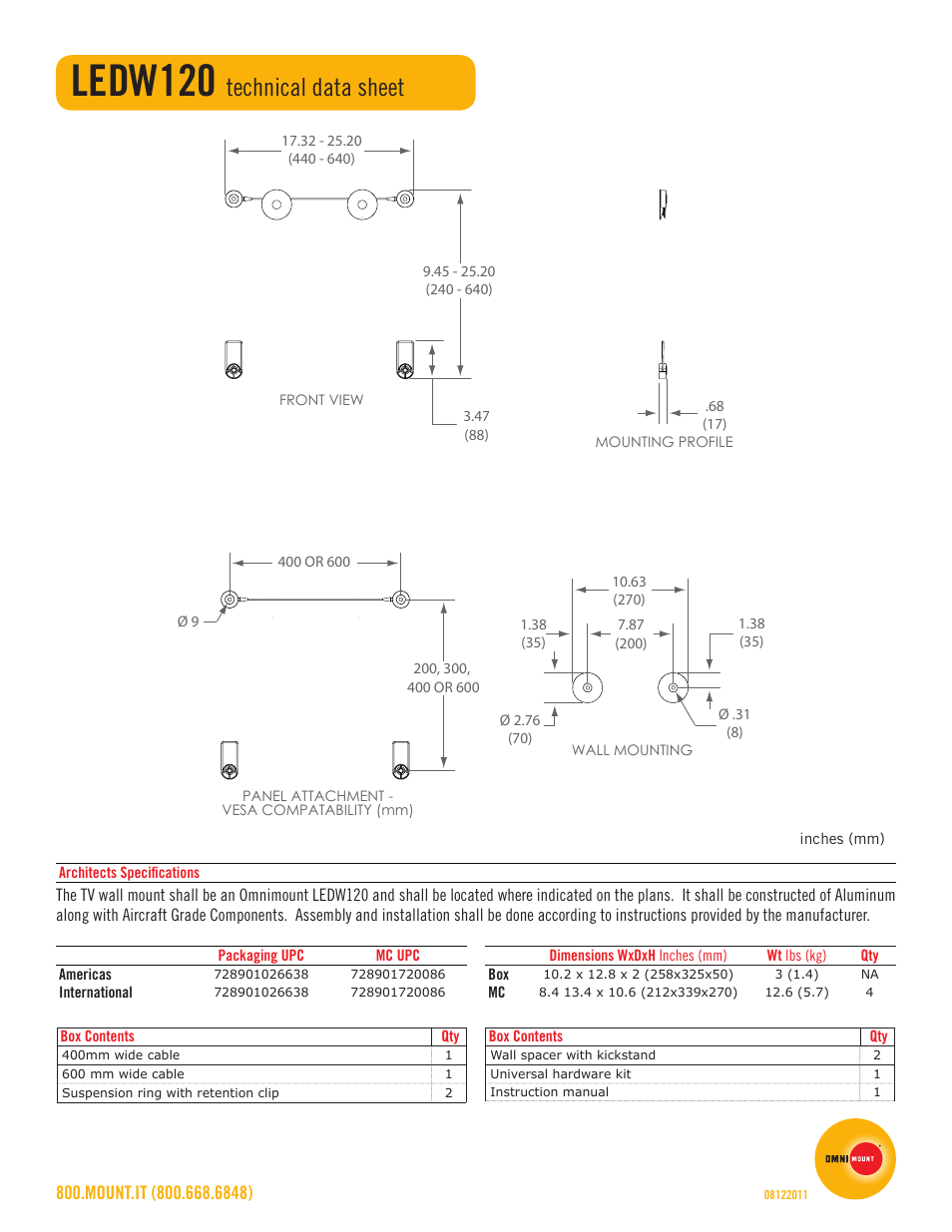 Ledw120, Technical data sheet | Omnimount LEDW120 Sales Sheet User Manual | Page 2 / 2