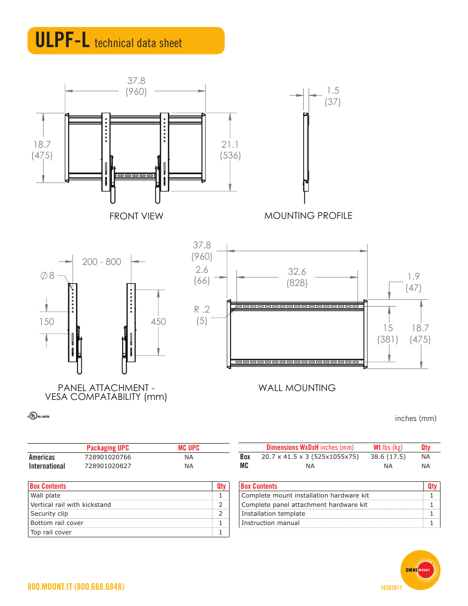 Ulpf-l, Technical data sheet | Omnimount ULPF-L Sales Sheet User Manual | Page 2 / 2