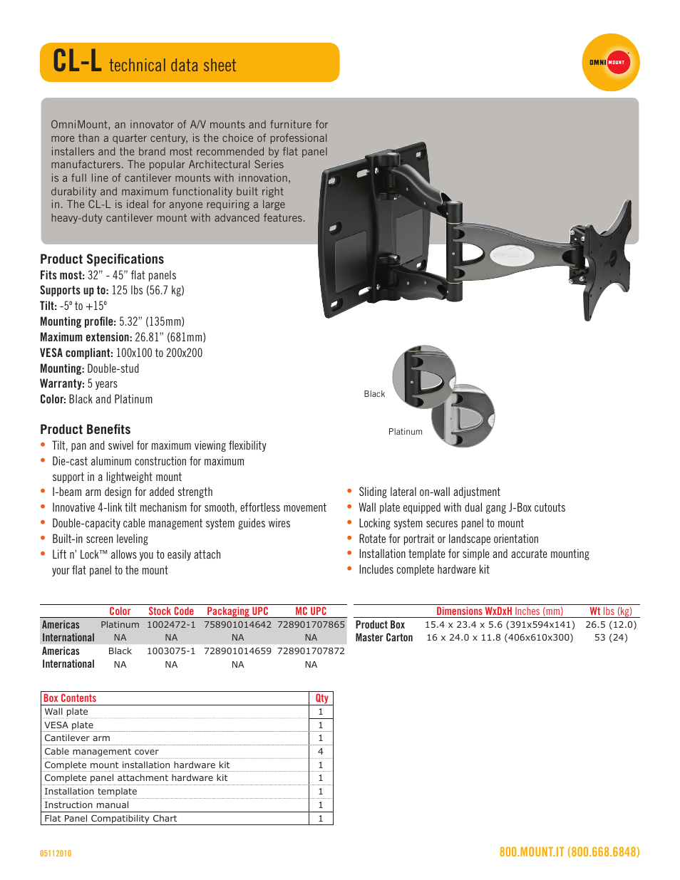 Cl-l, Technical data sheet | Omnimount CL-L Sales Sheet User Manual | Page 2 / 3