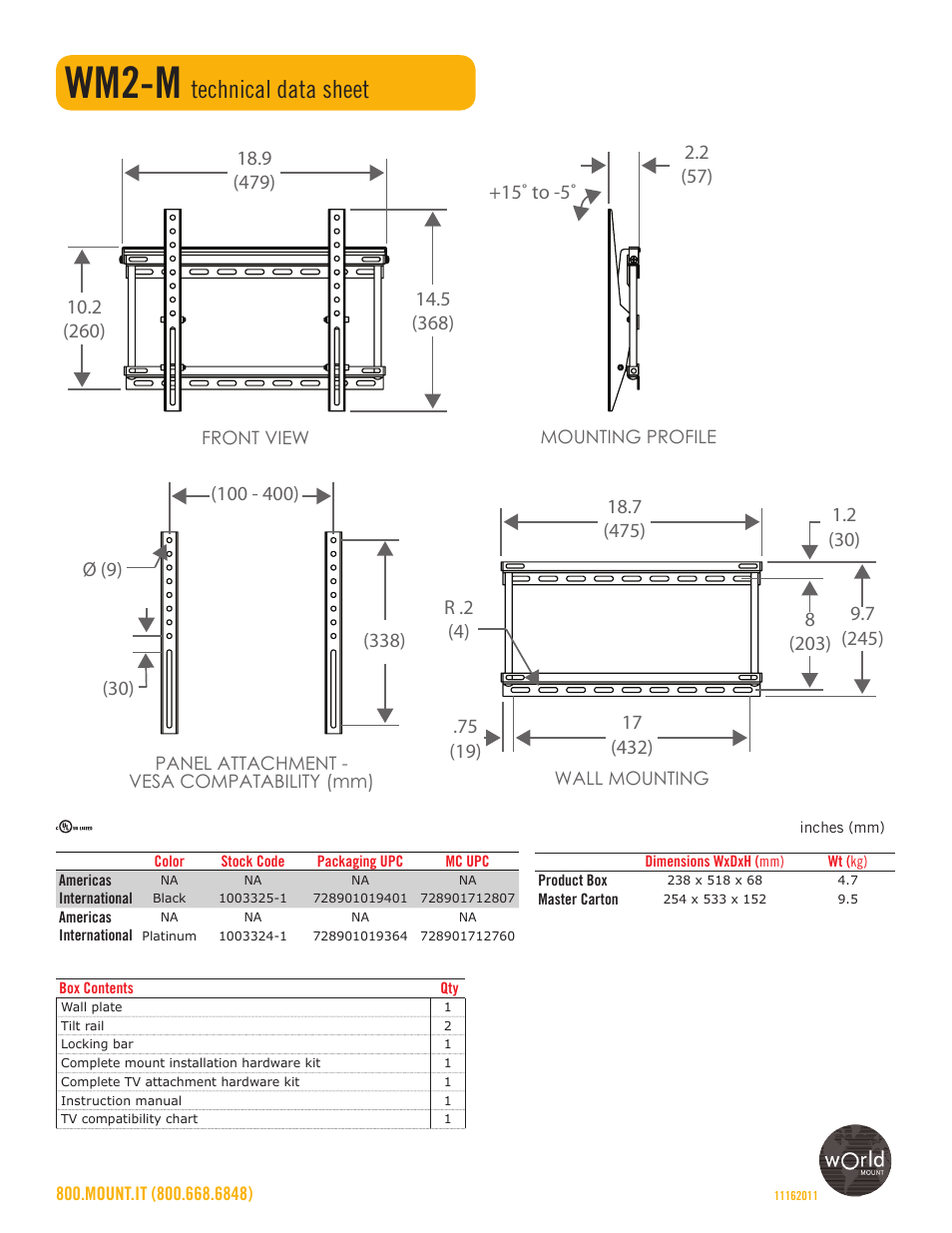 Wm2-m, Technical data sheet | Omnimount WM2-M Sales Sheet User Manual | Page 2 / 2