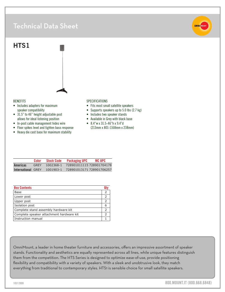 Hts1_technical_data_sheet.pdf, Technical data sheet, Hts1 | Omnimount HTS1 Sales Sheet User Manual | Page 2 / 3