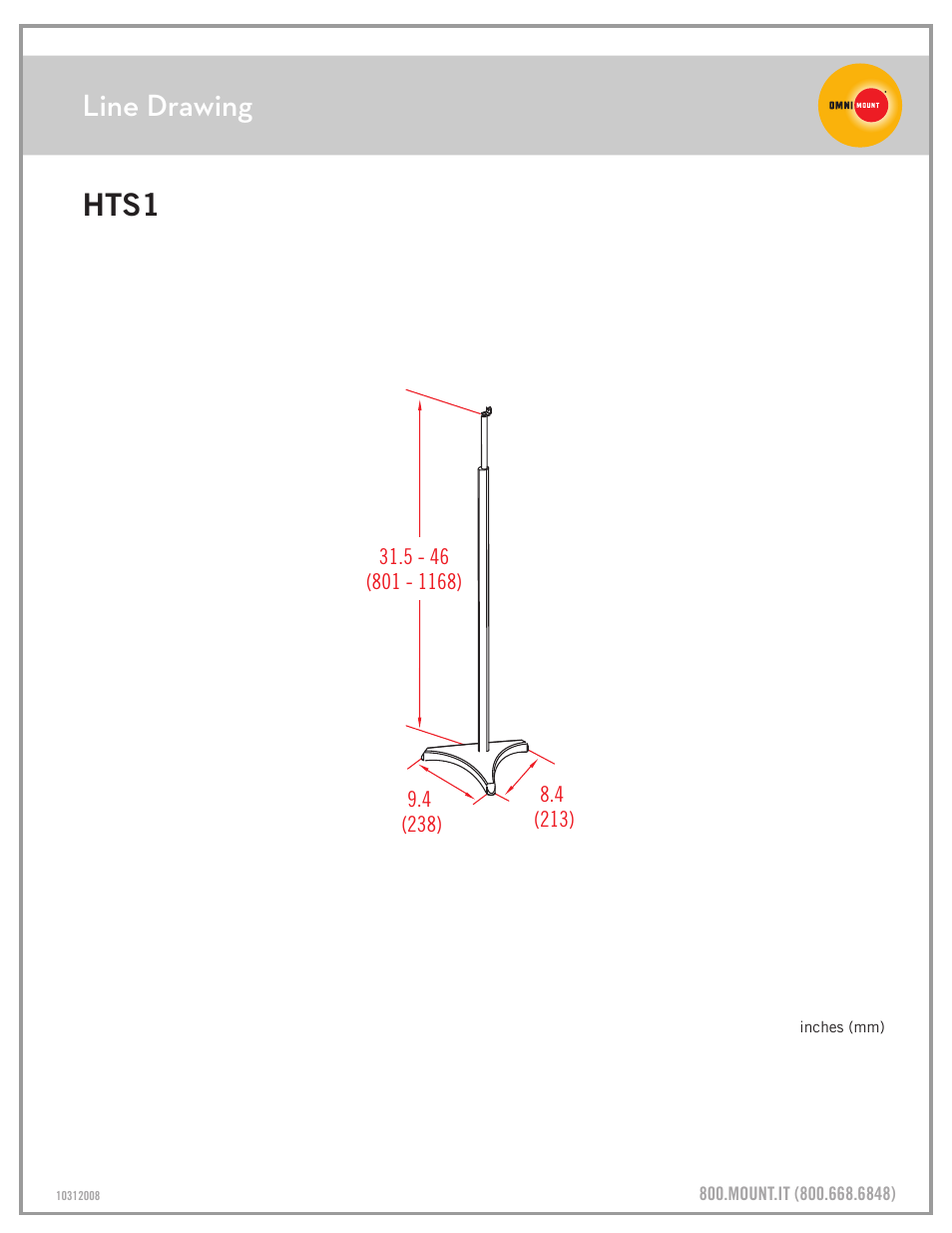 Hts1_line_drawing_sheet.pdf, Line drawing, Hts1 | Omnimount HTS1 Sales Sheet User Manual | Page 3 / 3