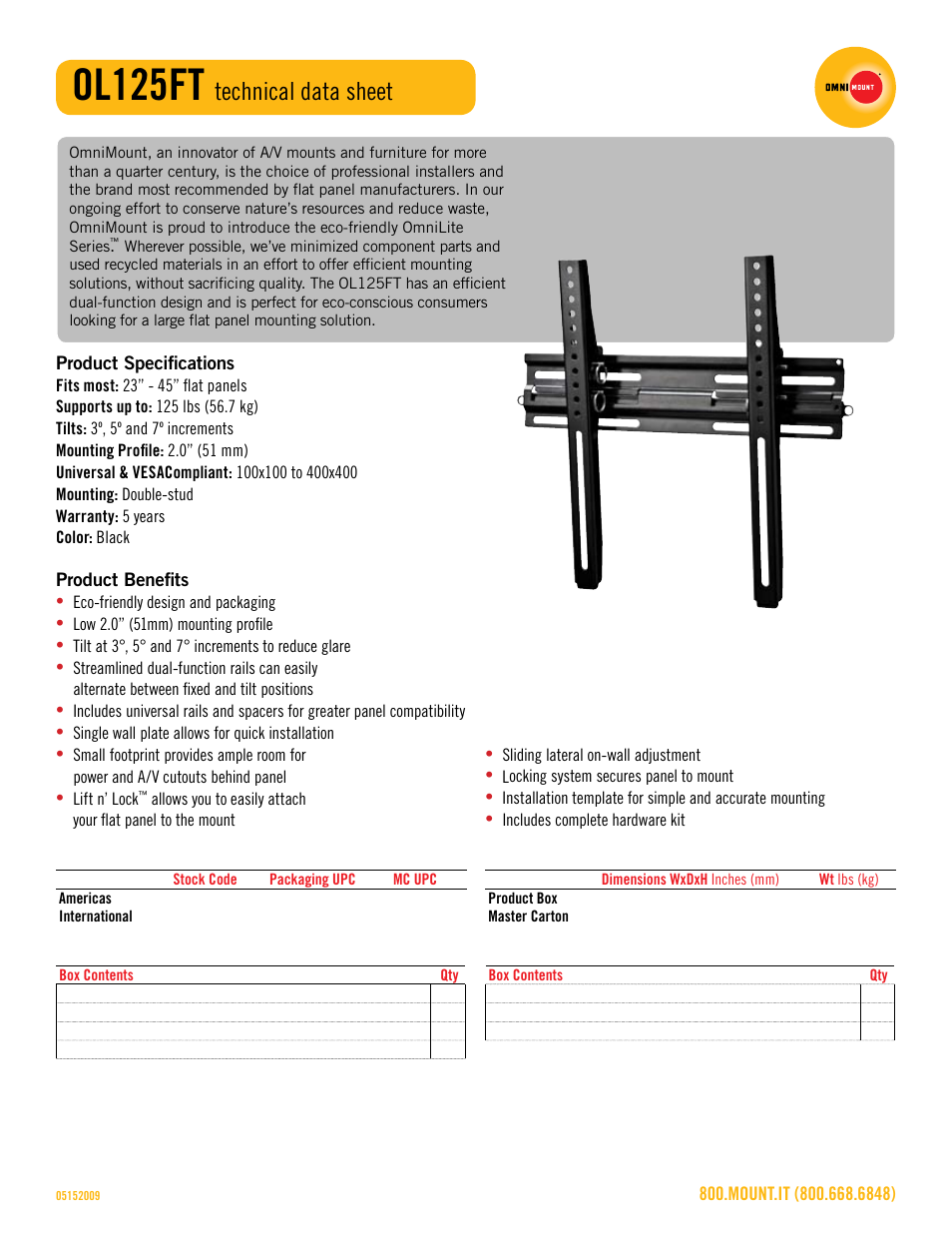 Ol125ft_technical_data_sheet.pdf, Ol125ft, Technical data sheet | Omnimount OL125FT Sales Sheet User Manual | Page 2 / 3
