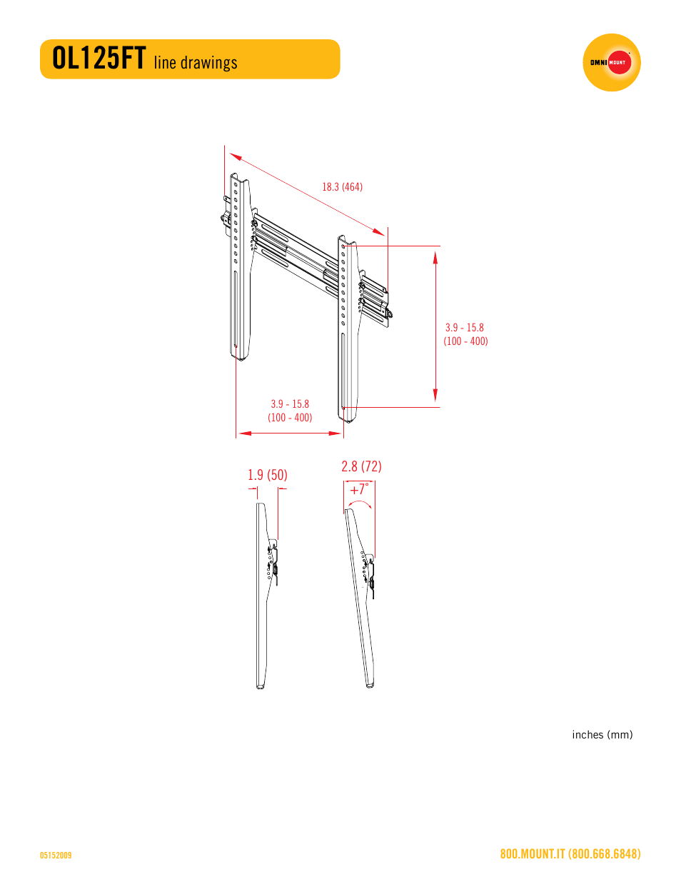 Ol125ft_line_drawing_sheet.pdf, Ol125ft, Line drawings | Omnimount OL125FT Sales Sheet User Manual | Page 3 / 3