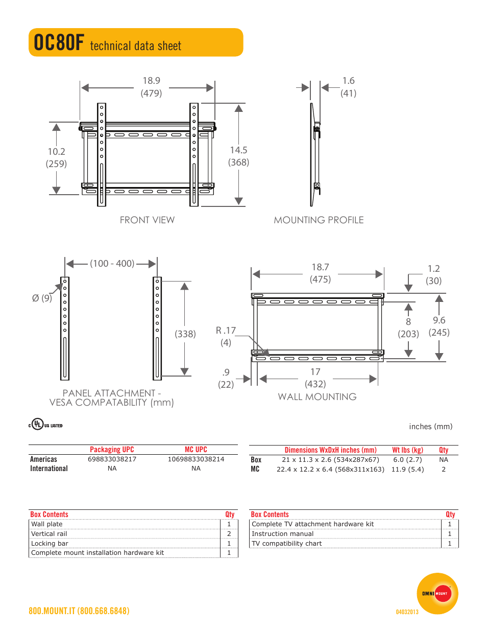 Oc80f, Technical data sheet | Omnimount OC80F Sales Sheet User Manual | Page 2 / 2