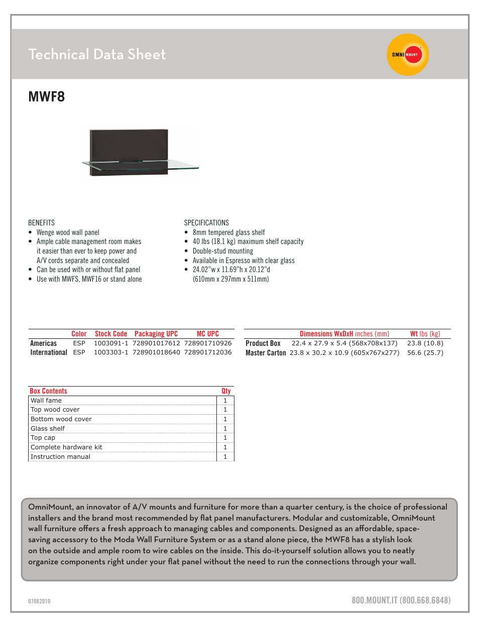 Technical data sheet, Mwf8 | Omnimount MWF8 Sales Sheet User Manual | Page 2 / 3
