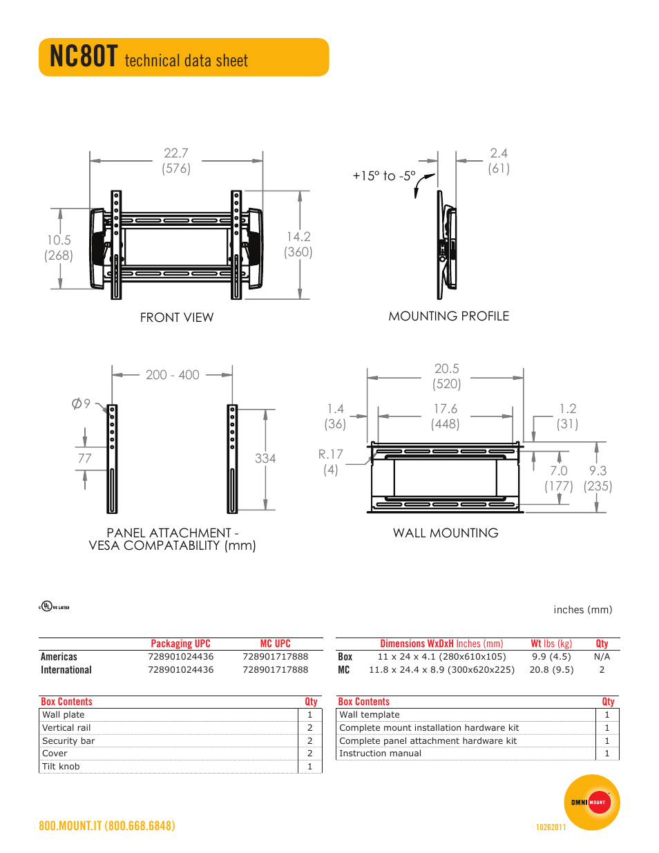 Nc80t, Technical data sheet | Omnimount NC80T Sales Sheet User Manual | Page 2 / 2
