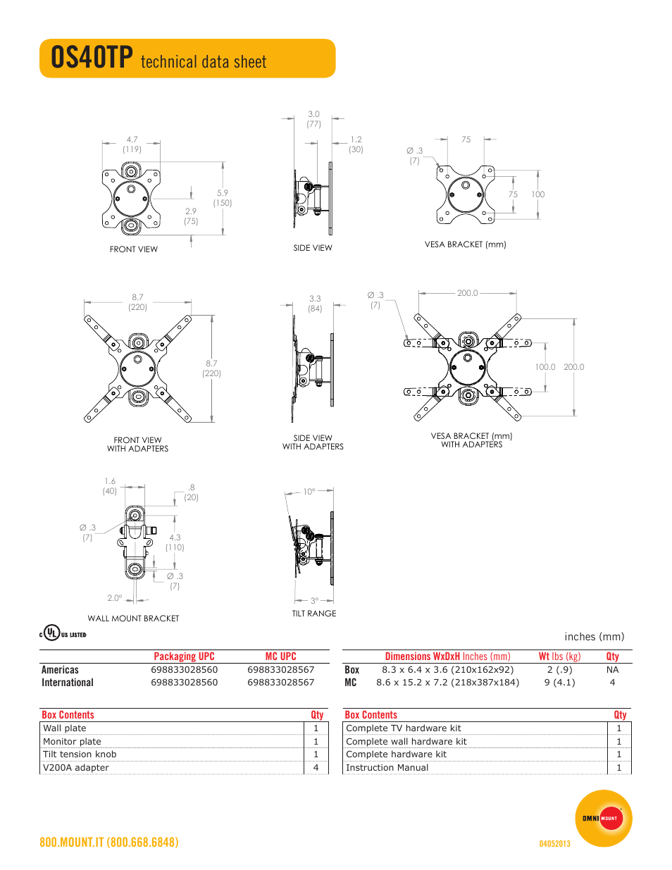 Os40tp, Technical data sheet | Omnimount OS40TP Sales Sheet User Manual | Page 2 / 2