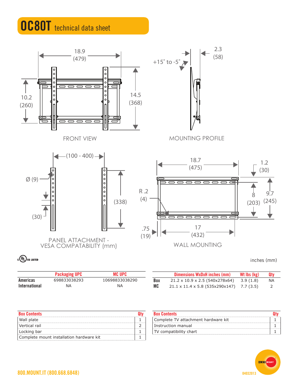 Oc80t, Technical data sheet | Omnimount OC80T Sales Sheet User Manual | Page 2 / 2